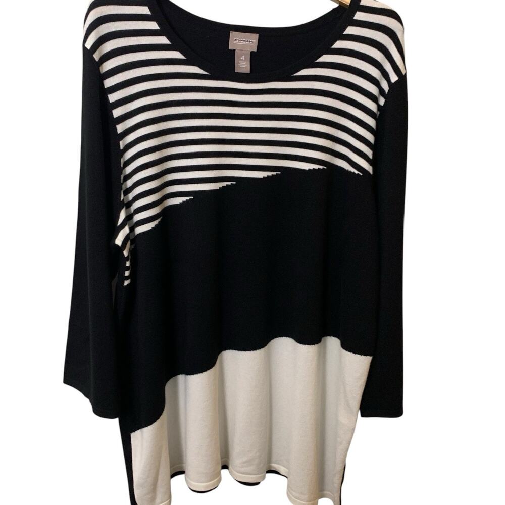 Chico's Top Size 4 (2X) Pullover Colorblock Black Ecru Modern 3/4 Sleeve